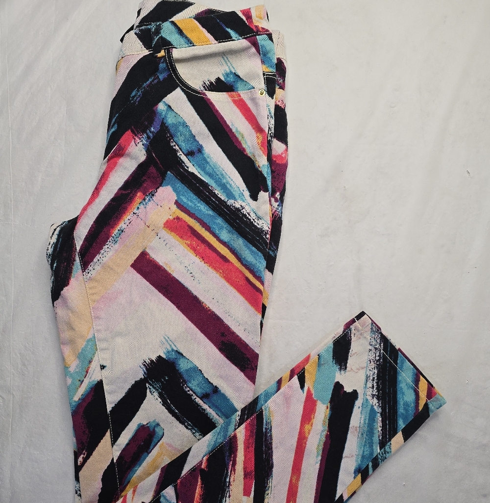 H&M Abstract Print Pants Low Rise Slim Straight Colorful Brushstroke Statement 4